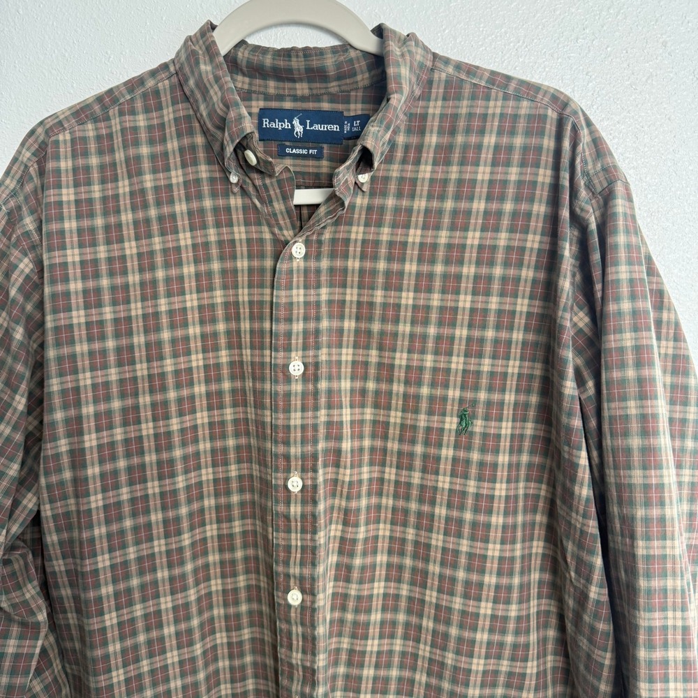 Ralph Lauren Mens LT Tall Classic Fit Brown Plaid Button Down Shirt Long Sleeve - Picture 3 of 8